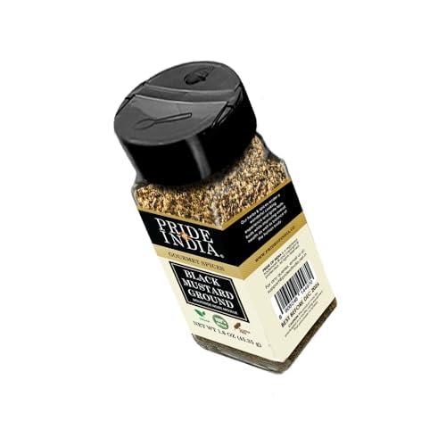 Pride of India – Black Mustard Seed Ground – Perfect Ingredient in Spice Blends – Spice up Pickles/Curries/Stews – Additives Free/Gourmet Spice – Easy to Use – 2.6 oz. Small Dual Sifter Bottle