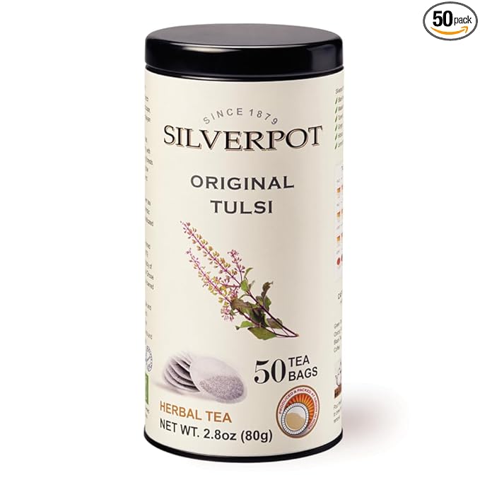 Silverpot Original Tulsi Tea - 50 Round Tea Bags | 100% Natural Holy Basil | Caffeine Free | Farm Direct | Reusable Tin