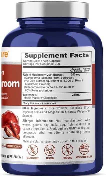 NusaPure Reishi Mushroom Extract 20:1 Extract, 200 mg Equivalent to 4000mg per Capsule 300 Veggie Caps Vegan, Non-GMO, Gluten-Free