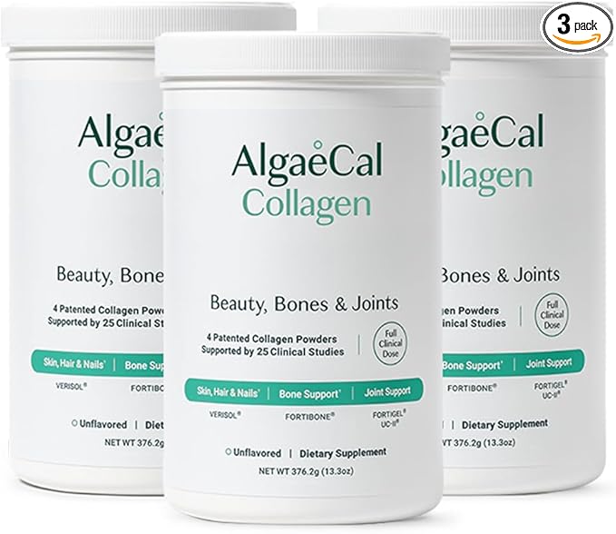 ALGAECAL Collagen - 4 Clinically-Supported Peptides VERISOL®, FORTIGEL®, UC-II®, FORTIBONE®, Anti-Aging Hydrolyzed Collagen Powder, 3 Packs, Made in USA