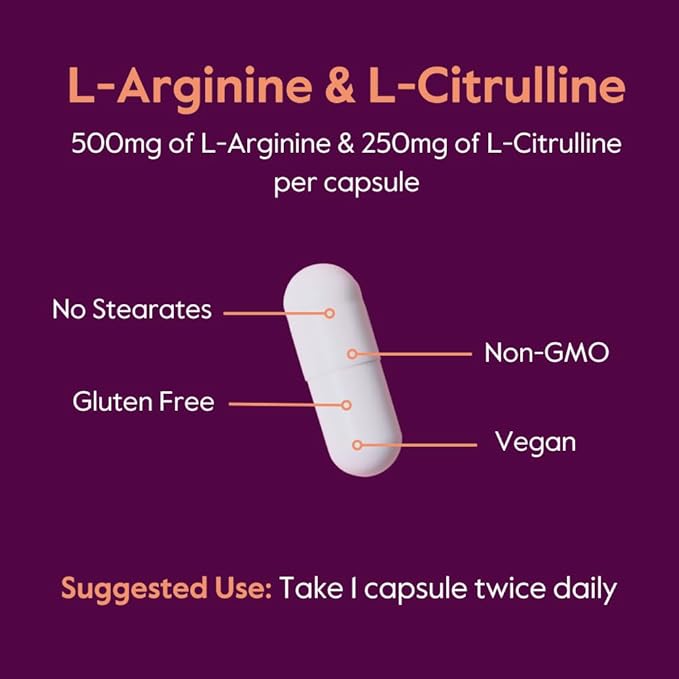BESTVITE L-Arginine L-Citrulline 500mg / 250mg Vegan (240 Vegetarian Capsules) - No Stearates - No Dicalcium Phosphate - Non GMO - Gluten Free
