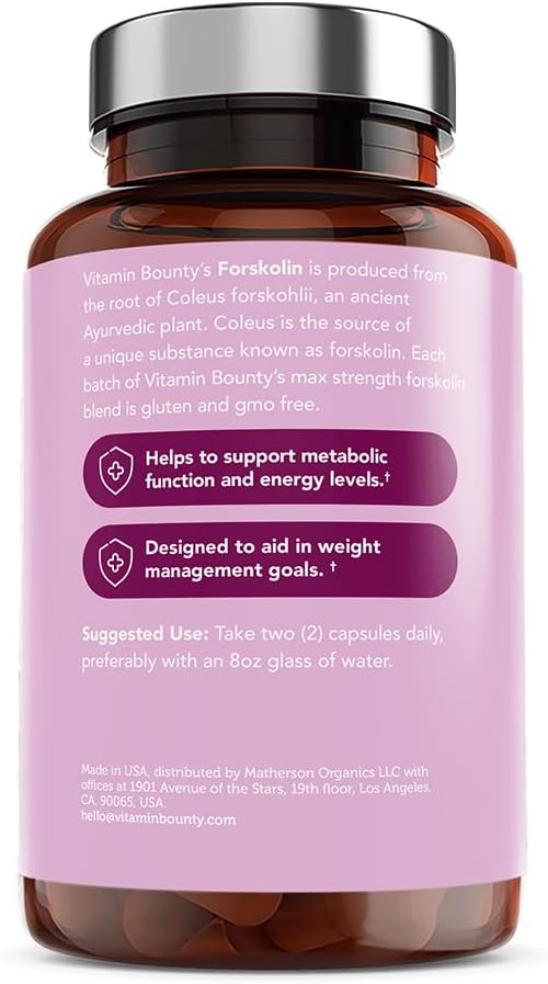 Vitamin Bounty Forskolin Maximum Strength for Weight Loss - Natural Coleus Forskohlii Root Extract Supplement - 20% Standardized Forskolin Powder - Weight Management Support - 60 Capsules