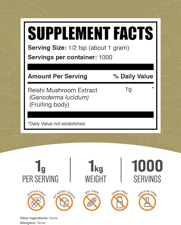 BulkSupplements.com Reishi Mushroom Extract Powder - Reishi Mushroom Powder, Supplement for Overall Well-Being - Gluten Free, 1g per Serving, 1kg (2.2 lbs) (Pack of 1)