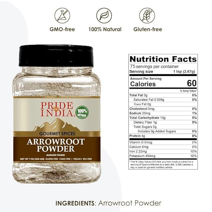 Pride of India – Natural Arrowroot Ground Powder – Baking & Thickening Agent – Gluten & GMO Free – Good for Sauces, Fritters & Fries – Easy to Use – 7 oz. Medium Dual Sifter Jar