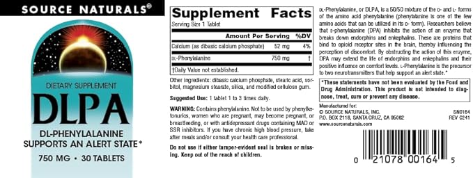 Source Naturals DLPA DL-Phenylalanine Supplement That Supports an Alert State* - 750 mg - 30 Tablets