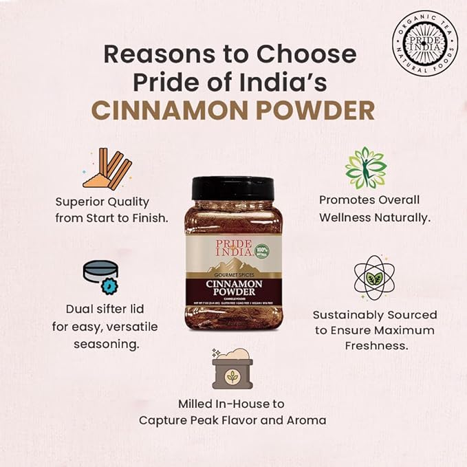 Pride Of India Natural Cinnamon Ground | Pure & Fresh Ground Spice | Gourmet Quality | Perfect for Sweet & Savory Dishes | Easy to Use | Ideal for Restaurant or Home Use | 7 oz. Medium Dual Sifter Bottle
