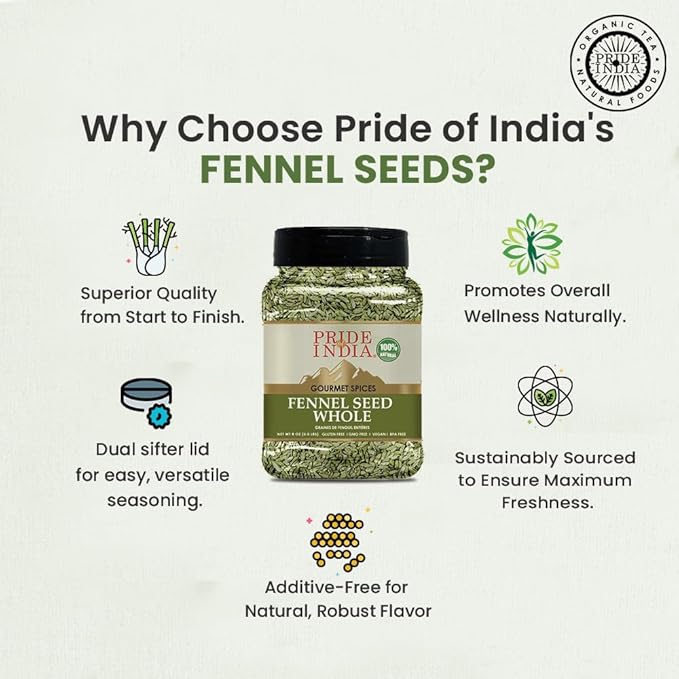 Pride of India – Fennel Seed Whole – Gourmet Spice – Fresh & Aromatic – Mouth Freshener – GMO/Gluten Free – Flavoring for bakes, meat & more – Easy to Use – 8 oz. Medium Dual Sifter Jar