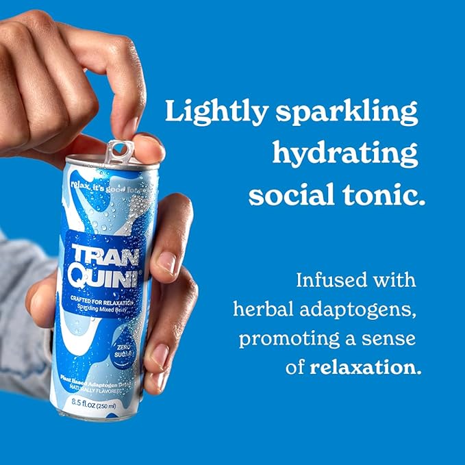 Tranquini Calming Drink With Herbal Adaptogens | Sparkling Water Stress Relief Beverage | Sugar Free, Non Alcoholic, Gluten Free, Vegan - 250ml Mixed Berry (12 cans)