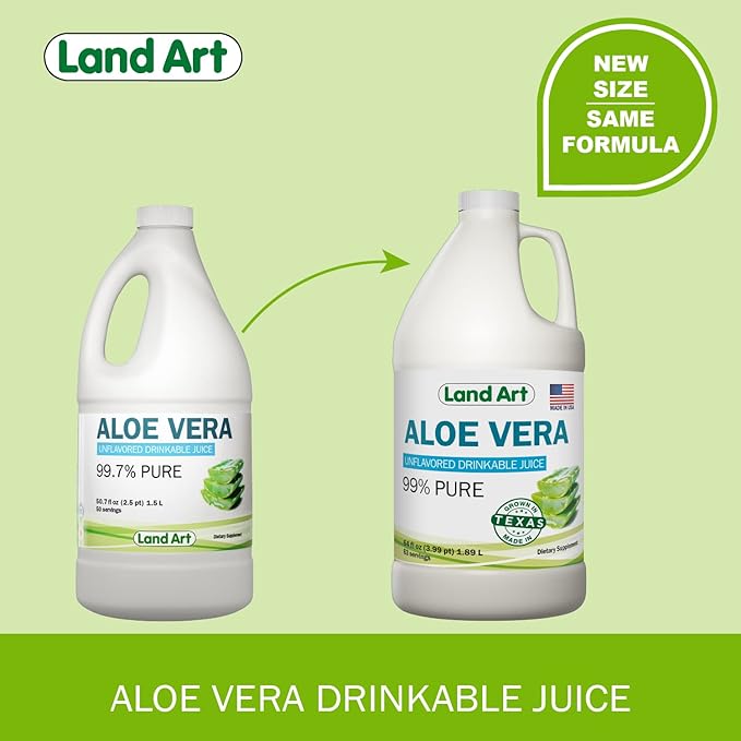 Land Art - Pure Aloe Vera Juice Unflavored – Cold-Processed - 99.7% Organic Aloe Vera Inner Fillet from Fresh Texas Leaves – Digestive Health, Detox and Natural Wellness – 64 fl oz
