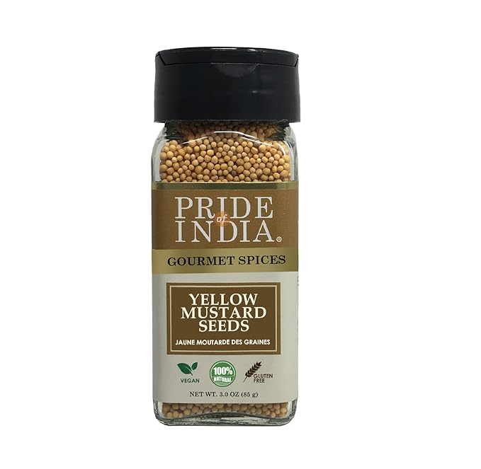 Pride of India – Yellow Mustard Seed Whole – Pungent & Aromatic – Gourmet Indian Spice – Add in Salads/Dressings/Chicken/Meat/Pickles – Easy to Use – 2.8 oz. Small Dual Sifter Bottle