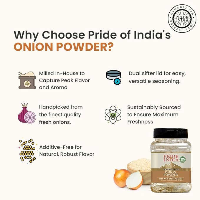 Pride of India | Onion Fine Ground 6 oz (170 gm) Medium Dual Sifter Jar | Gourmet Spice for Cooking | Pantry Essential | Adds Flavor to Sauces/Dips/Rubs/Marinades | Easy to Store