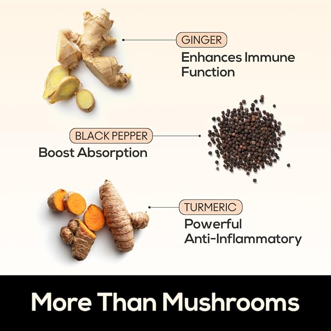 TrueMushroom - Immunity, Focus & Memory, Energy Mushroom Gummies with Lion’s Mane, Cordyceps, Reishi, Shiitake All-Natural Supplement with Ginger & Turmeric. Ginger Mango Flavor (60 Count)