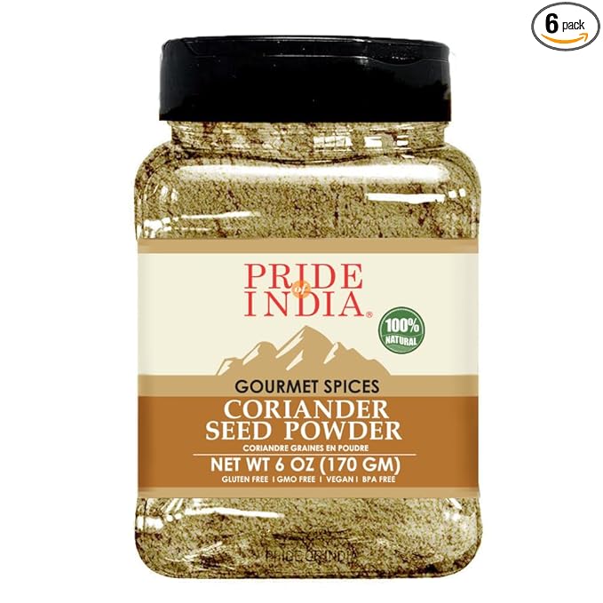 Pride of India - PACK of 6 - Coriander Seed Powder-Authentic Indian Spice-Freshly Packed Gourmet Spice-Must Ingredient in Indian & Middle Eastern Cuisines-Easy to Store-6oz. Medium Dual Sifter Jar