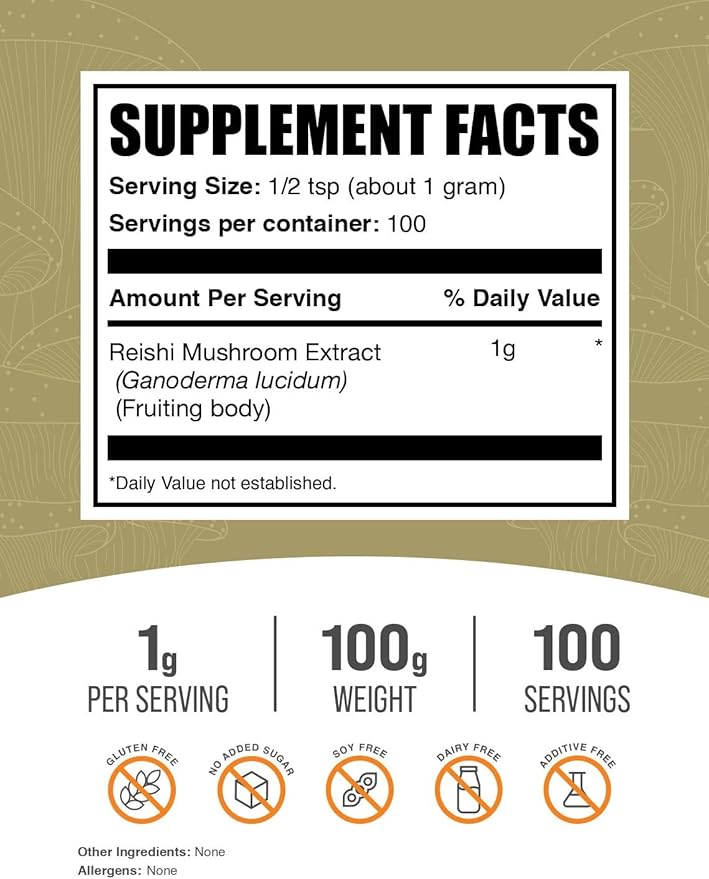 BulkSupplements.com Reishi Mushroom Extract Powder - Reishi Mushroom Powder, Supplement for Overall Well-Being - Gluten Free, 1g per Serving, 100g (3.5 oz) (Pack of 1)