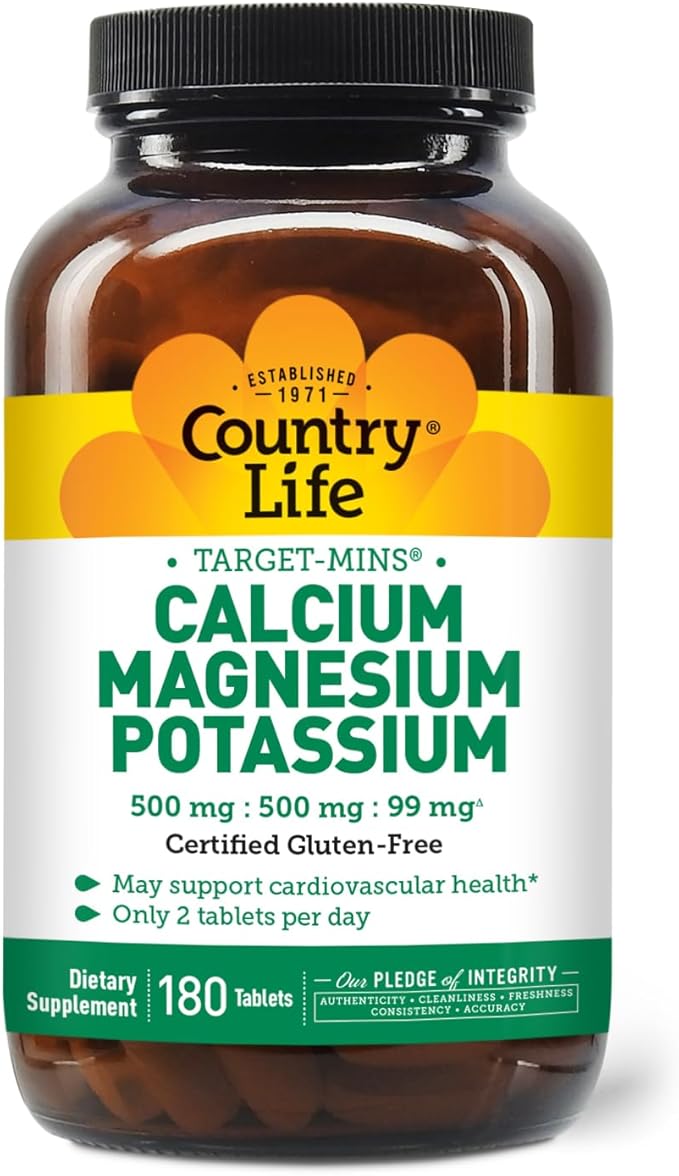 Country Life Target Mins - Calcium Magnesium Potassium Bone & Heart Health Supplement, 1000mg Calcium, 500mg Magnesium, Supports Calcium Utilization, 180 Tablets – Certified Gluten Free & Vegan