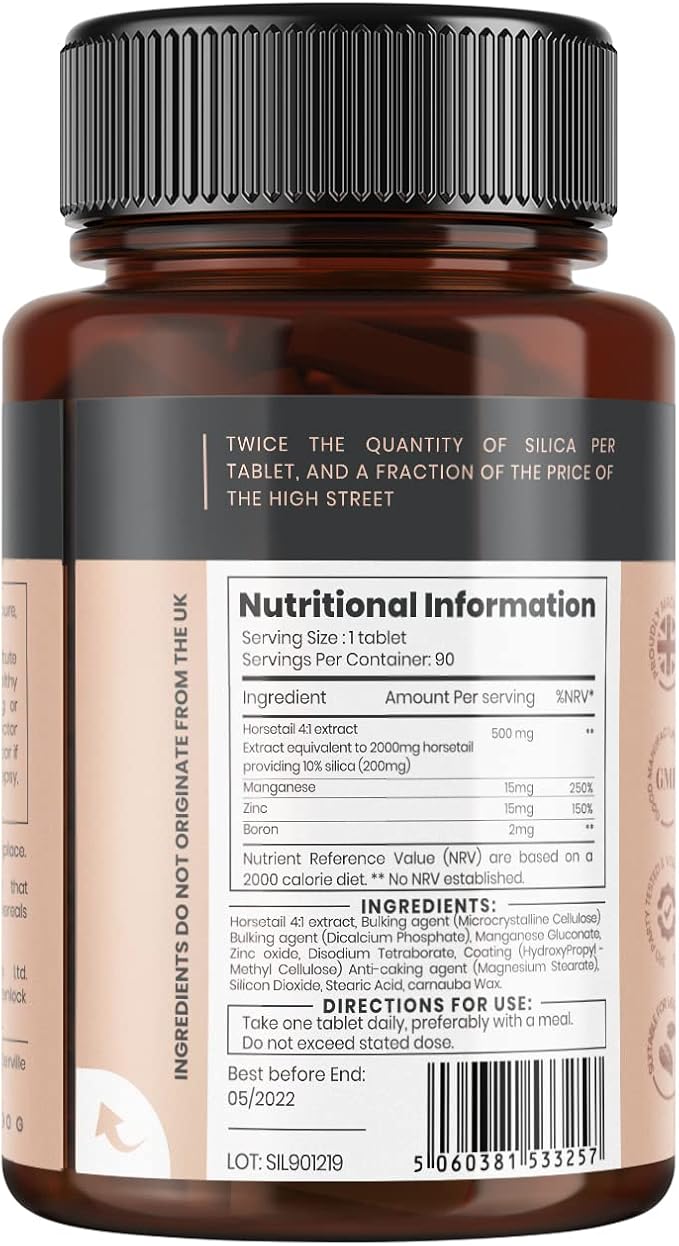 Double Strength Silica Complex – 12 Month Supply! (2000mg Horsetail Extract x 360 Tablets(4 Bottles of 90))