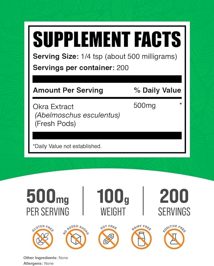 BulkSupplements.com Okra Extract Powder - Okra Supplement, Source of Fiber, Herbal Supplement - Vegan & Gluten Free, 500mg per Serving, 100g (3.5 oz) (Pack of 1)