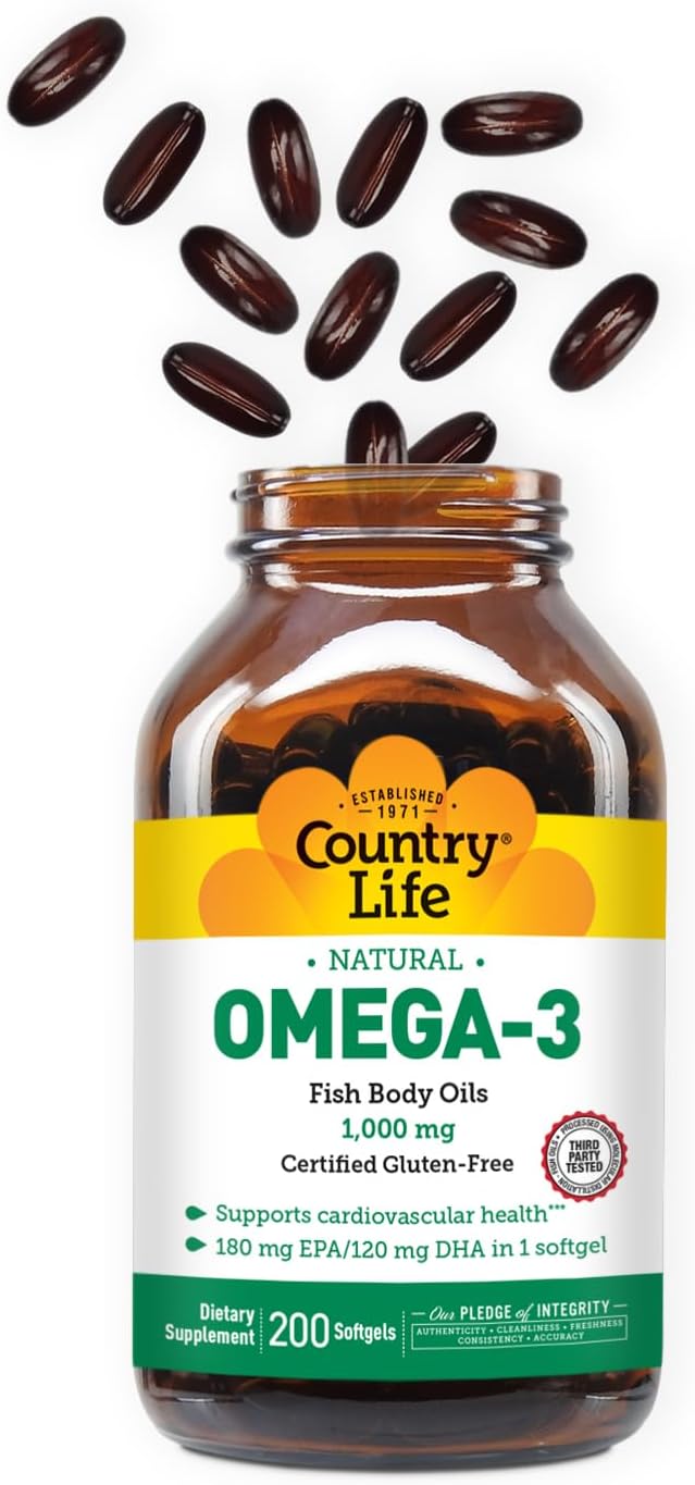 Country Life Omega-3 Fish Oil Supplement, 1000mg, 180mg EPA & 120mg DHA, Fish Oil Concentrate, Burpless, 200 Softgels, Certified Gluten Free