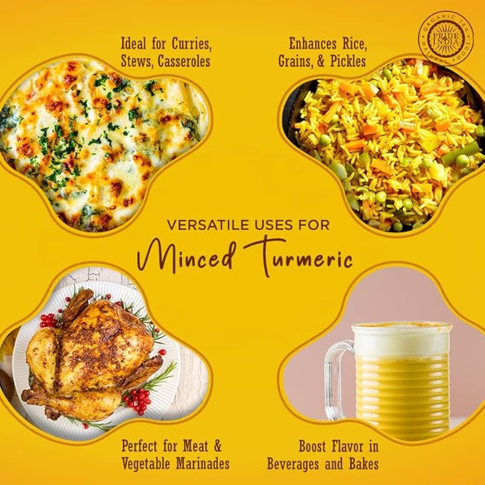Pride of India – Turmeric Minced Whole – Gourmet Spice – Curcumin Rich Properties – No Additives Gluten – Easy to Use – 7 oz. Medium Dual Sifter Jar