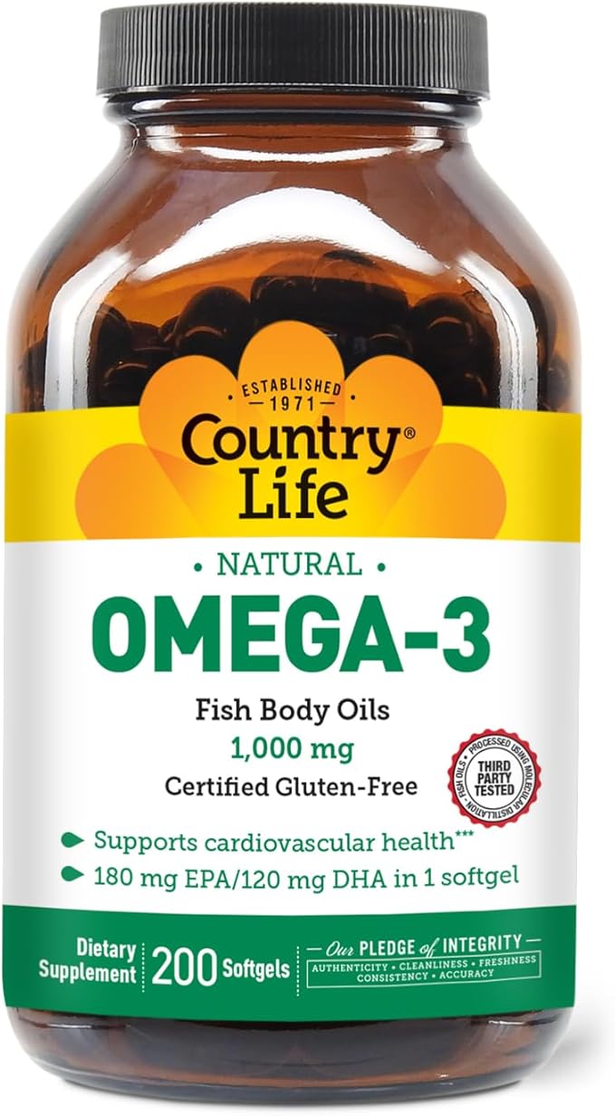Country Life Omega-3 Fish Oil Supplement, 1000mg, 180mg EPA & 120mg DHA, Fish Oil Concentrate, Burpless, 200 Softgels, Certified Gluten Free