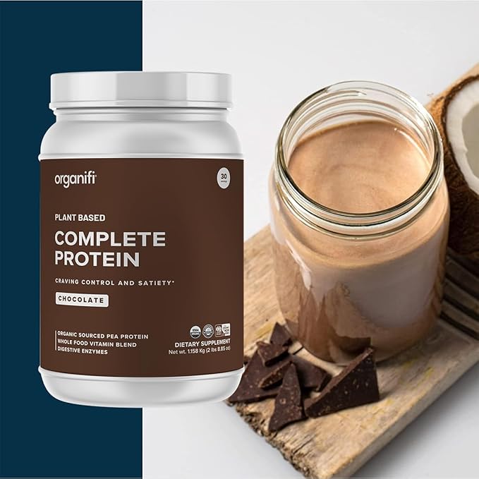 Organifi Complete Protein Chocolate Flavor - Organic Vegan Plant Based Protein Powder with Digestive Enzymes - 30 Day Supply - No Soy, Dairy, or Gluten