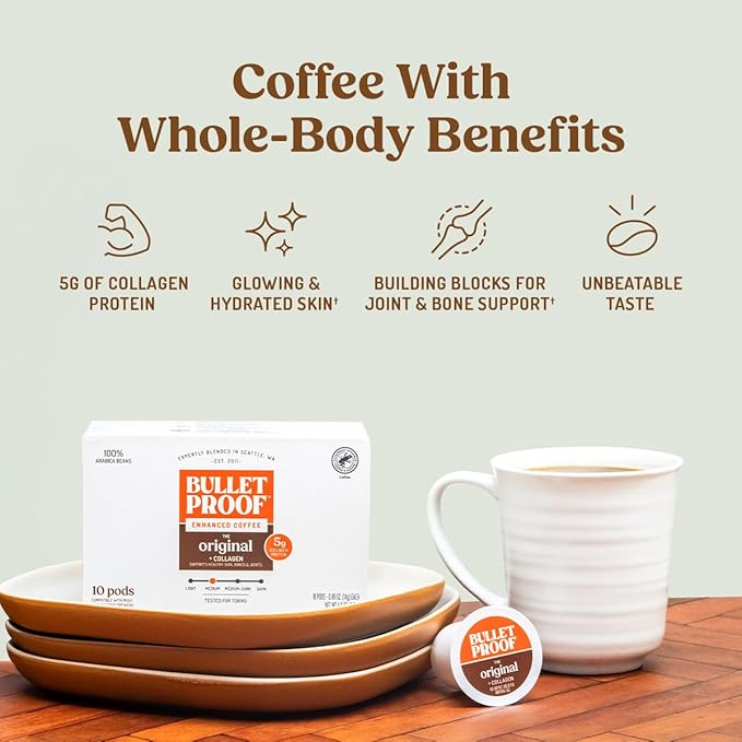 Bulletproof Coffee + Collagen Single-Serve Coffee Pods, 10 Count, 100% Arabica Beans, Clean Coffee Tested for Toxins, Packaging May Vary