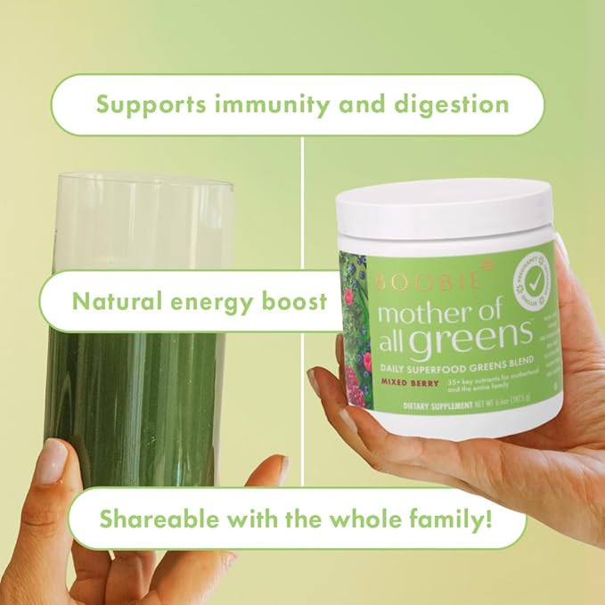 Boobie Mother of All Greens | Your New Family Ritual, Daily Super Greens Powder with 35+ Essential Nutrients for Moms & Families | Vegan, Gluten Free, & Sugar Free | Mixed Berry Flavor, 60 svgs