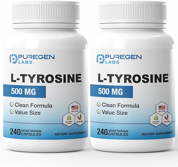 Puregen Labs L-Tyrosine 500 mg, Total - 480 Vegetable Capsules | No Harmful Additives | Brain & Nervous System Support, Non-GMO, Vegan, Gluten Free, Dairy Free - 480 Servings - Made in USA