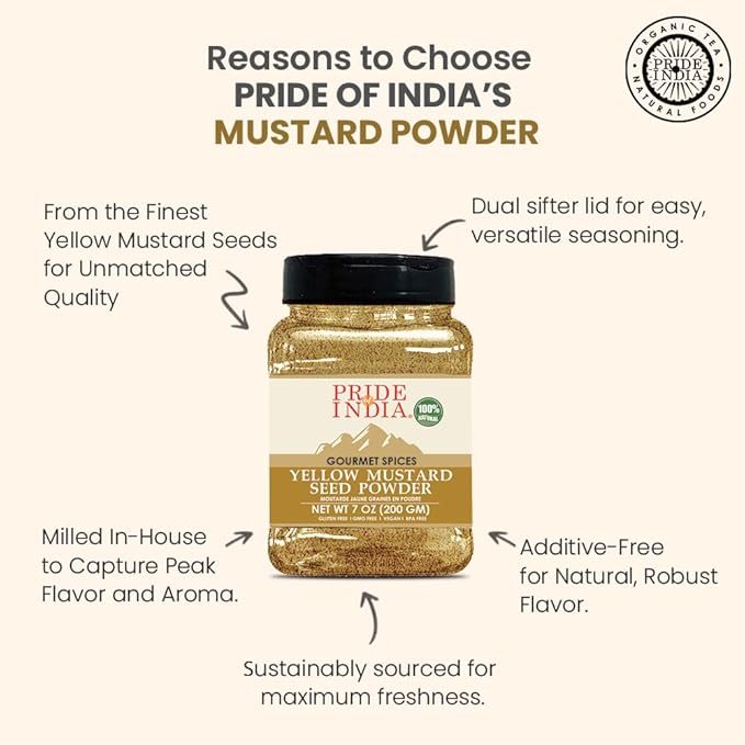 Pride Of India – Yellow Mustard Ground – Gourmet Spice - Ideal for Pickles/Mustard Dressing/Sauces/ Hotdogs – Preservatives & Additives Free – Easy to Store – 8oz. Medium Dual Sifter