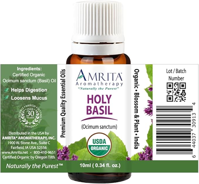 Organic Holy Basil (Tulsi) Essential Oil; 100% Pure and Undiluted Ocimum Sanctum; Premium Quality Aromatherapy Oil; Tested and Verified, Size: 10 mL (0.34 Fl. Oz.)