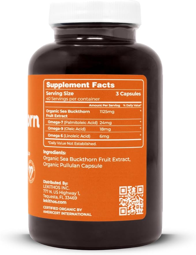 Organic Sea Buckthorn Fruit Supplement, 120 Capsules, 375mg, USDA Organic, Supercritical Extracted with Omega 6-7-9