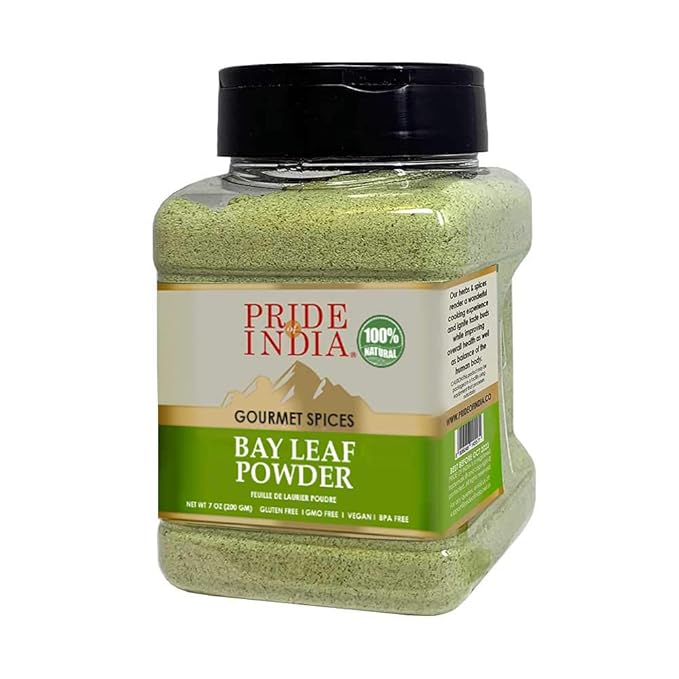Pride of India – Bay Leaf Powder – Fresh & Authentic Bay Leaf Ground – Gourmet Spice – Good for Seasoning Stews/Soups/Tea – Easy to Store – 7 oz. Medium Dual Sifter Jar