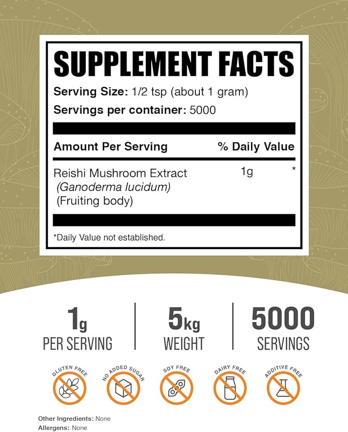 BulkSupplements.com Reishi Mushroom Extract Powder - Reishi Mushroom Powder, Supplement for Overall Well-Being - Gluten Free, 1g per Serving, 1kg (Pack of 5) (11 lbs)
