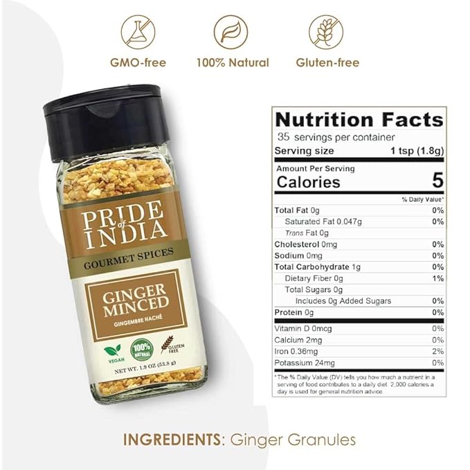 Pride of India – Ginger Minced Whole – Gourmet Spice – Rich in Antioxidant – Potent Flavor - Great for Adding Flavor to Stir Fries & Sauces – Easy to Use – 1.9 oz. Small Dual Sifter Bottle