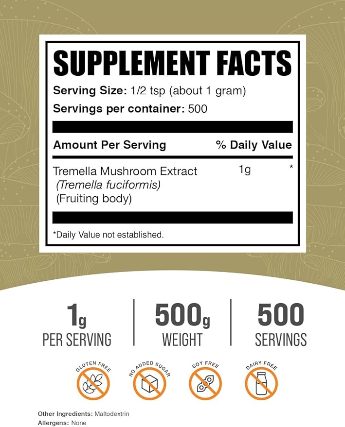 BulkSupplements.com Tremella Mushroom Extract - Tremella Fuciformis Extract, Mushroom Supplement - Vegan & Gluten Free, 1g per Serving, 500g (1.1 lbs) (Pack of 1)