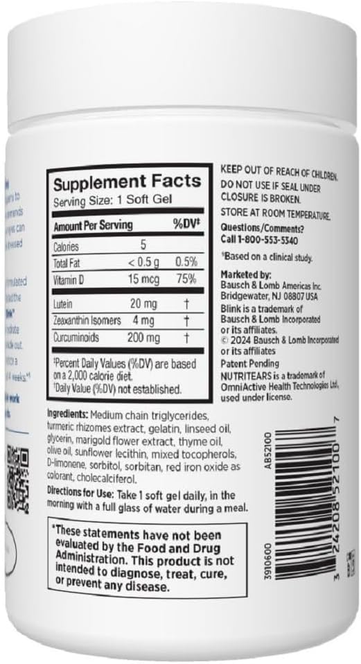 BLINK NutriTears Clinically Proven Supplement for Dry Eyes, 50 Softgels, Eye Care Supplement to Hydrate Eyes from Within for Long Lasting Relief You Can Feel
