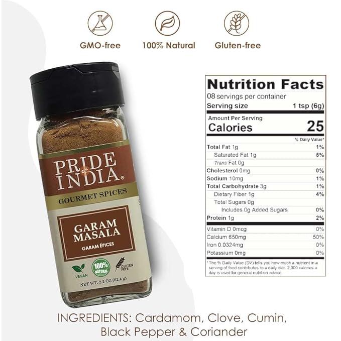 Pride of India - Garam Masala Ground – Warming Spice Blend for Variety of Non-Veg & Veg Dishes – Flavorful Mix for Curries and Pilafs - 2.2 oz. Small Dual Sifter Bottle