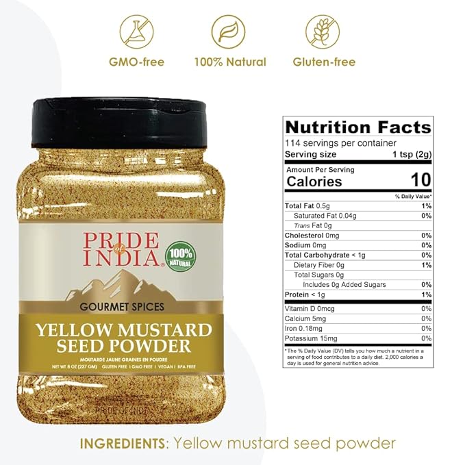 Pride Of India – Yellow Mustard Ground – Gourmet Spice - Ideal for Pickles/Mustard Dressing/Sauces/ Hotdogs – Preservatives & Additives Free – Easy to Store – 8oz. Medium Dual Sifter