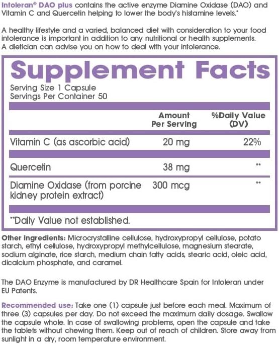 DAO Plus Digestive Enzymes - 50 Capsules | Supplement for Histamine Intolerance & DAO Deficiency | Healthy Histamine Levels | 30,000 HDU Diamine Oxidase (DAO) Enzyme | Vitamin C & Quercetin