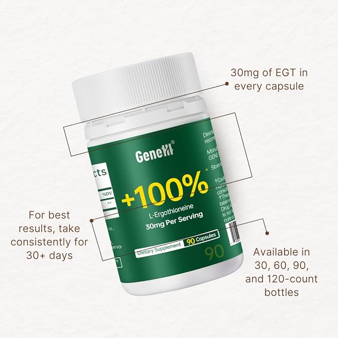L-Ergothioneine Supplement, 30mg(EGT)/Serving, 6X Ergothioneine Mushroom Extract Supplements Longevity, Immune Support, Heart Health & Brain Supplement, Lab Tested, Made in USA (90 Servings)