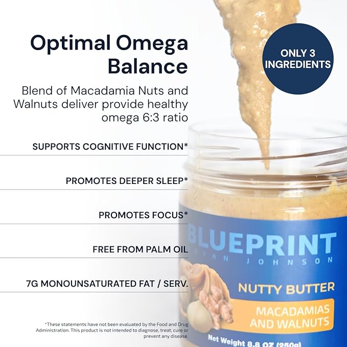Blueprint Bryan Johnson Nutty Butter – Chunky Macadamia Nut Butter with Walnut – No Palm Oil, No Added Sugar – Just 3 Ingredient Nut Butter– Keto, Vegan, Paleo – Low Carb Nut Butter Snack – 8.8oz Jar