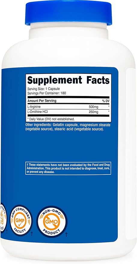 Nutricost L-Arginine L-Ornithine 750mg; 180 Capsules