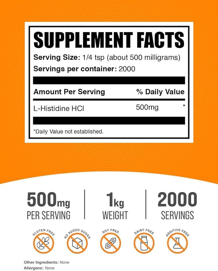 BulkSupplements.com L-Histidine HCl Powder - L-Histidine Supplement - Essential Amino Acid, Gluten Free, 500mg per Serving, 1kg (2.2 lbs) (Pack of 1)