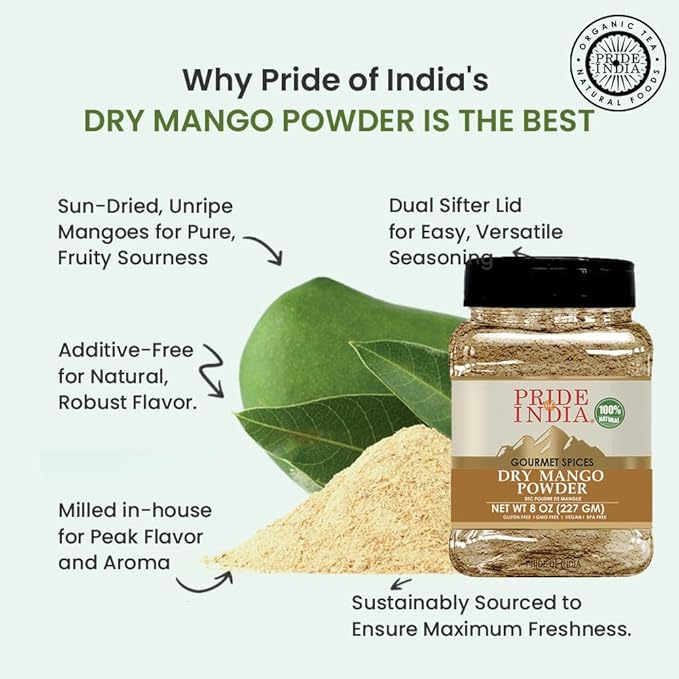 Pride of India Dry Mango Powder | Tangy Gourmet Indian Spice for Cooking | Authentic Amchur (Sour Mango) Seasoning | No Fillers or Artificial Colors | Dual-Sifter Jar - 8 oz