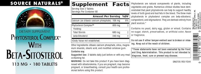 Source Naturals Phytosterol Complex with Beta-Sitosterol, Supports Healthy Cholesterol Levels*, 113 mg - 180 Tablets