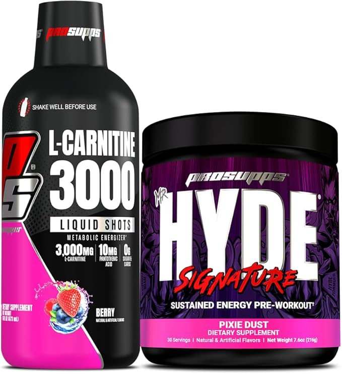 PROSUPPS L-Carnitine 3000 Stimulant Free Liquid Shots (31 Servings, Berry) and Mr. Hyde Signature Series Pre-Workout Energy Powdered Drink (30 Servings, Pixie Dust) Bundle