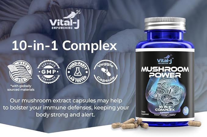 Mushroom Power Complex 10-in-1 W/Cordyceps, Reishi, Shiitake & Lions Mane, Nootropic Dietary Supplement for Gut Microbiome, Focus, Energy & Vitality - 60 Capsules