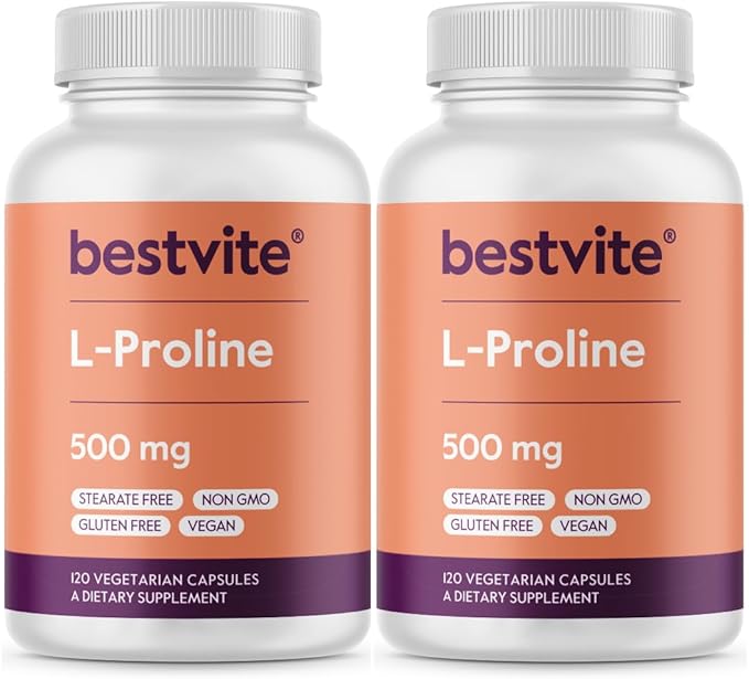 BESTVITE L-Proline 500mg (240 Vegetarian Capsules) (120 x 2) - No Stearates - No Fillers - Vegan - Gluten Free - Non GMO