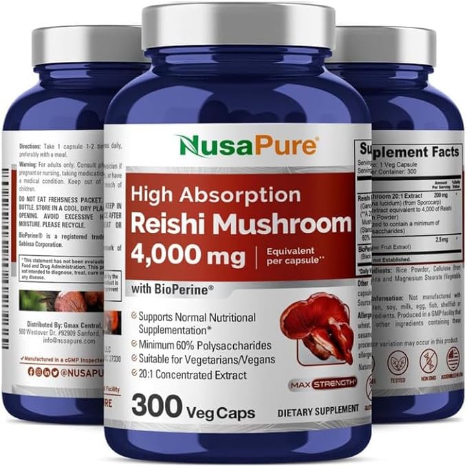 NusaPure Reishi Mushroom Extract 20:1 Extract, 200 mg Equivalent to 4000mg per Capsule 300 Veggie Caps Vegan, Non-GMO, Gluten-Free