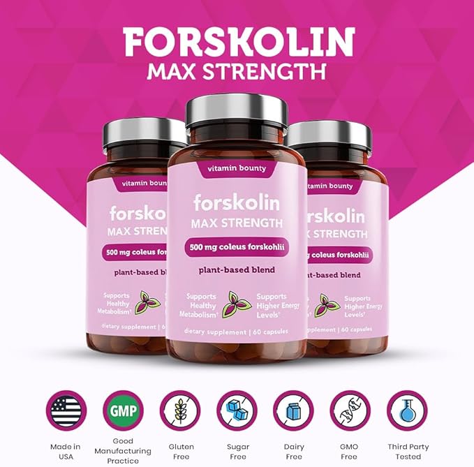 Vitamin Bounty Forskolin Maximum Strength for Weight Loss - Natural Coleus Forskohlii Root Extract Supplement - 20% Standardized Forskolin Powder - Weight Management Support - 60 Capsules